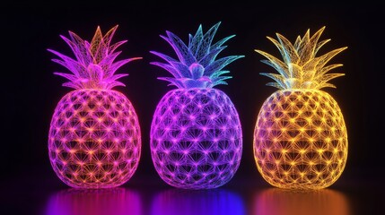 3D rendering of three glowing pineapples made of geometric wireframes on a black background.