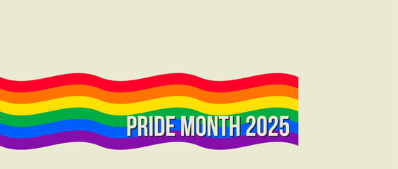 Pride Month banner with Pride Flag. LGBTQ Rainbow flag with Pride Month text. Love is Love 2025