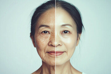 Photoshoot of an adult Asian woman, concept of aging before and after. Aging and youth concept, beauty treatment and lifting. Before and after. Youth, old age. Process of aging and rejuvenation