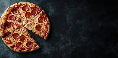 A pepperoni pizza cut into slices against a black background