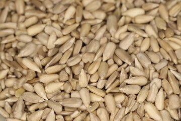 A closeup view of raw sunflower seeds beautifully displayed on a textured surface