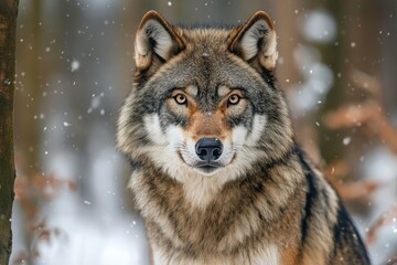 Obraz premium A coyote is currently standing in the snow, intently looking at the camera