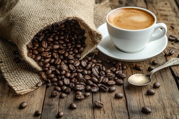 A cup of coffee and a bag of coffee beans are on a wooden table