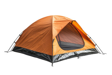Bright orange camping tent set up in a natural outdoor setting during daytime for a fun adventure experience
