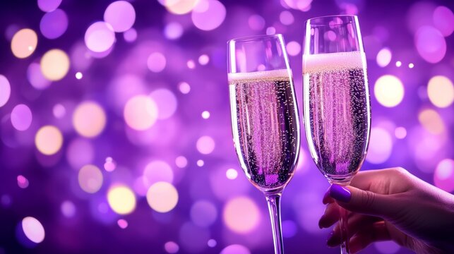 Elegant toast with champagne flutes at a celebration under vibrant purple lights, banner, copy space