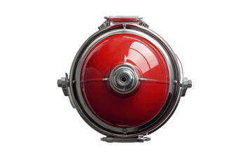 Close-up view of a red fire alarm device with metal hardware against a white background