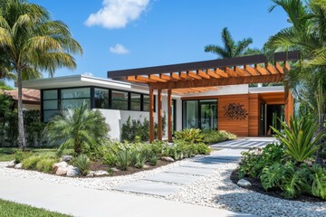Modern house with lush landscaping and a welcoming entrance.