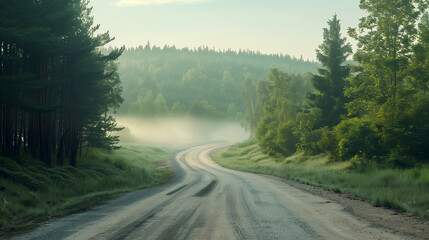 Fototapeta premium Empty rural road with tire tracks stretching through the countryside