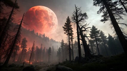 Fototapeta premium Crimson Moonrise over Smoky Forest Path: Eerie, low-angle shot, firelight, silhouetted trees. 