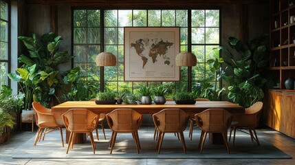 elegant and botanical dining room interior with a large window a poster map a wooden table and chairs and a variety of plants in modern home decor templat