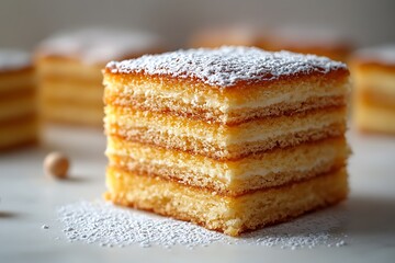 Close-up of a multi-layered cake with powdered sugar on top