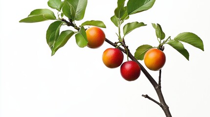 Branch with three red apples hanging from it. The apples are ripe and ready to be picked
