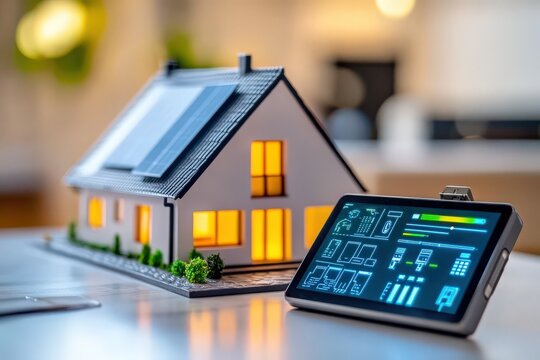 A futuristic smart home model featuring solar panels and an interactive digital display, highlighting eco-friendly technology and smart living in contemporary architecture.
