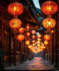 Glowing Chinese lanterns on the street, Chinese style, Chinese New Year celebration
