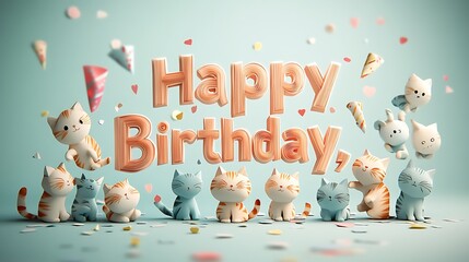 A creative kirigami depiction of "Happy Birthday," where each letter is shaped by small kittens playing, with detailed fur textures and dynamic poses, surrounded by paper confetti, vibrant tones,