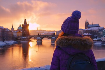 Obraz premium Female traveler in Prague admiring Charles Bridge at sunset.