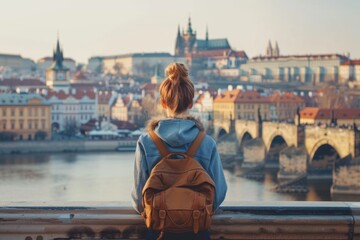 Fototapeta premium Young woman enjoys city view on bridge. Europe travel lifestyle.