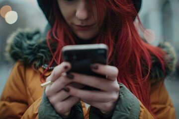 Redhead woman in 30s texting on smartphone in city.