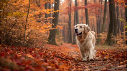Golden Retriever in Autumn Forest Path, Low Angle Shot, Soft Focus, Red and Orange Leaves