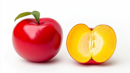 Red apple with a green leaf on top and a yellow peach with a hole in the middle