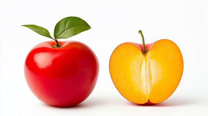 Two apples, one whole and one cut in half. The whole apple is red and the cut apple is orange