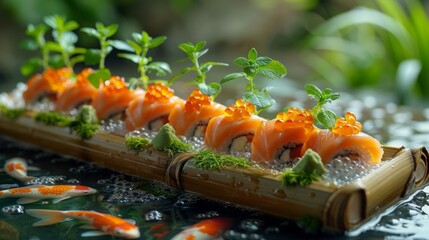 Delicious salmon sushi rolls with caviar, served on a bamboo boat, garnished with herbs, and presented with koi fish.