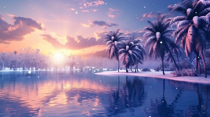 tropical paradise with palm trees coverd with snow in light reflecting them