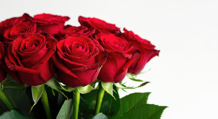 Fototapeta premium Bouquet of red roses with green leaves, white background, horizontal, copy space
