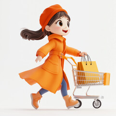 girl with a shopping cart wearing orange coat