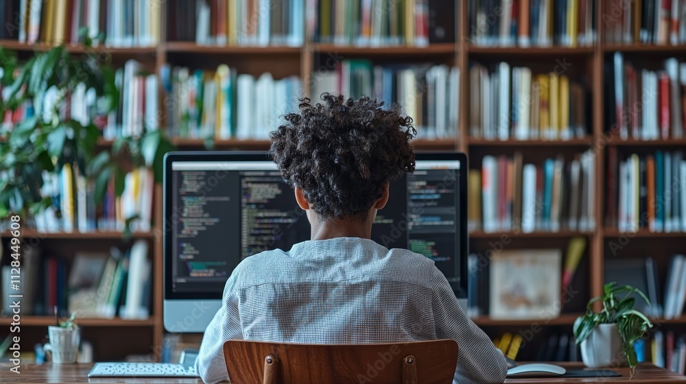 Poster A multiethnic boy sits at a wooden desk, focusing intently on two computer screens displaying code. Behind him, a library filled with colorful books creates an inspiring atmosphere for learning