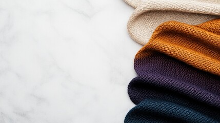 Handmade knitted swatches displayed in a cascading layout, showcasing their warmth, natural textures, and artisanal design quality.