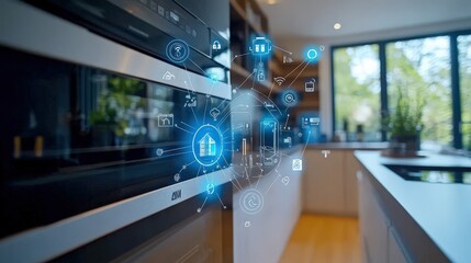 Obraz premium A futuristic kitchen featuring smart interactive elements and appliances designed to improve cooking experiences, showcasing the blend of aesthetics and technology in daily life.