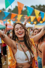 Excited young woman at an outdoor festival with colorful decorations