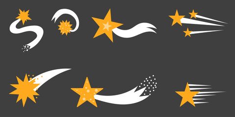 Obraz premium A collection of shooting star icons featuring golden stars with vibrant trails and abstract designs on a dark background. Ideal for creative and celestial-themed projects.