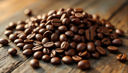 Aesthetic Heap of Coffee Beans on Wooden Table