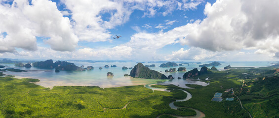 landscape aerial view of Samed Nang Chee view point and small aircraft passenger with mangrove...
