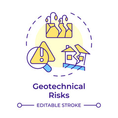 Geotechnical risks multi color concept icon. Potential hazards related to soil, rock, and groundwater. Round shape line illustration. Abstract idea. Graphic design. Easy to use in presentation