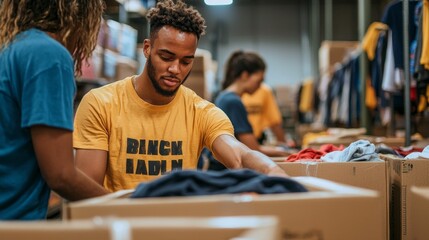 A group of diverse volunteers works collaboratively to sort and organize clothing donations in a bustling community center. Their joyous spirit shines as they help those in need