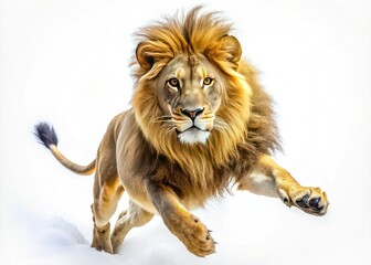 Obraz premium A majestic lion's airborne leap, isolated against a stark white background.