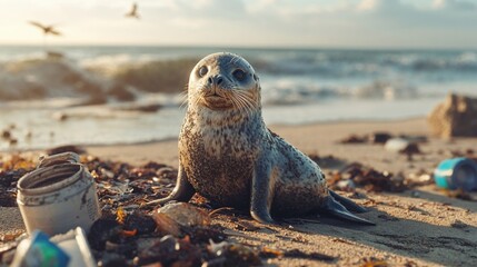 Harbor seal pup on polluted beach with plastic waste and debris, highlighting environmental issues. Curious marine mammal among scattered garbage illustrates ocean pollution impact on wildlife