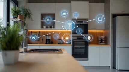 A sleek kitchen interior adorned with advanced digital features and connectivity icons, exhibiting the latest in smart home technology for a seamless and efficient cooking experience.