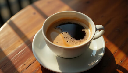wallpapers A beautifully presented cup of coffee resting on a wooden table, capturing the essence of a cozy moment. AI generated.