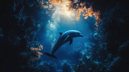 Dolphin gracefully swims through vibrant coral reef. Illustrates marine wildlife, ocean conservation, and underwater beauty.