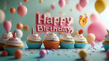 A creative kirigami depiction of "Happy Birthday," where each letter is supported by cupcake-shaped bases, decorated with multicolored sprinkle accents and ribbons, set on a bright pastel background,