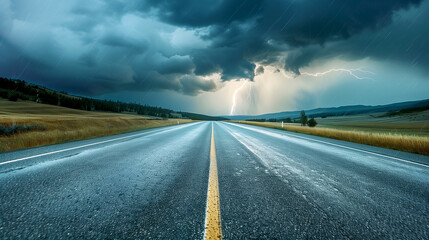 Naklejka premium Rainy Day Thunderstorm Road with Heavy Rainfall and Stormy Skies