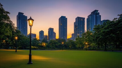 Fototapeta premium A serene park at sunset with tall buildings in the background and illuminated street lamps.