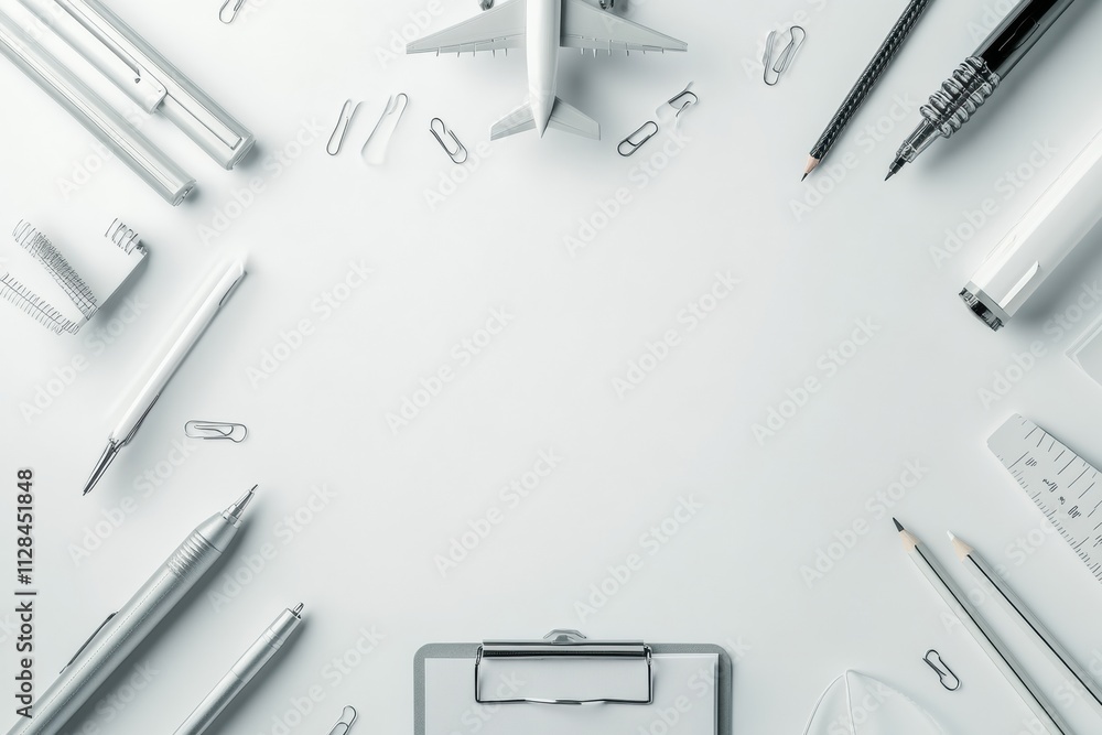 Poster office supplies like pens, pencils, paper clips, and sticky notes are neatly arranged on a white sur