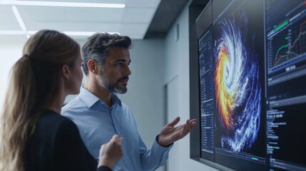 Scientists analyzing hurricane data visualization on large screen. Meteorologists studying weather patterns using advanced technology and satellite imagery in modern control room