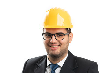 Close-up portrait of architect smiling wearing yellow hardhat