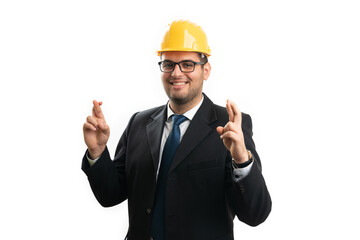 Engineer man smiling showing double fingers crossed gesture